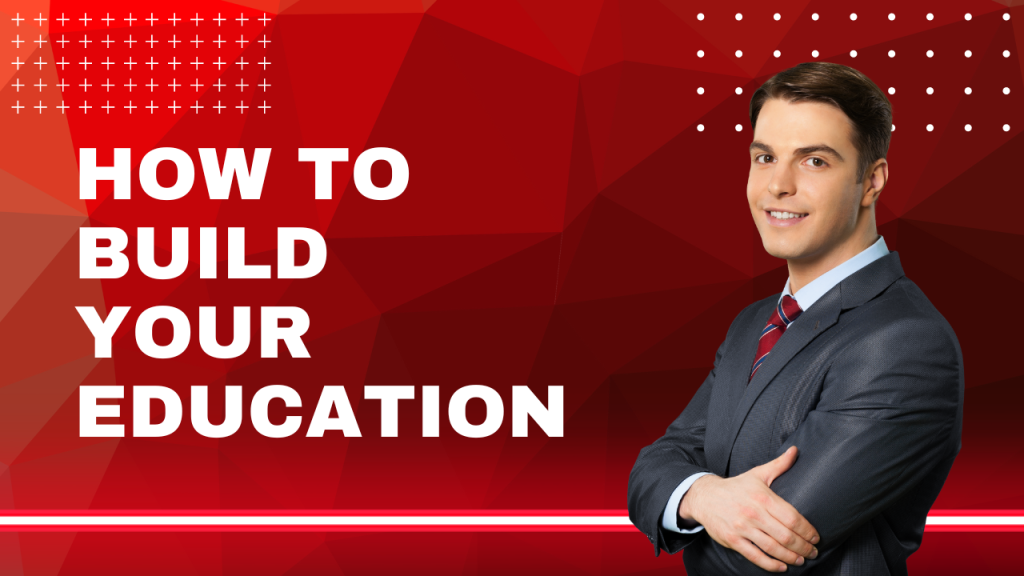 How to build your education. Man standing smiling red background