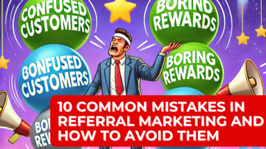 A playful illustration of a businessperson juggling oversized referral program challenges labeled 'Confused Customers,' 'Boring Rewards,' and 'Complex Rules.' The person looks comically overwhelmed, while a cheering team in the background adds a humorous and vibrant touch, emphasizing the struggles and excitement of referral marketing