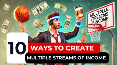 A humorous cartoon-style image of a former athlete juggling dollar bills, a laptop, a dumbbell, and a coffee cup. The athlete is wearing a sweatband and a business suit, standing on a basketball court that blends into a home office. In the background, a basketball hoop features a banner that reads "Multiple Streams of Income," humorously combining sports and financial themes.