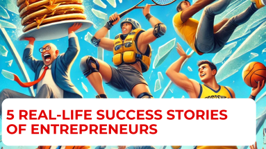 A colorful and humorous illustration of five entrepreneurs breaking through a glass ceiling. One entrepreneur holds a stack of pancakes, another carries a wobbly chair, one has a giant tech gadget, another is running with a basketball and sportswear logo, and the last is holding a bag of treasure. The scene is chaotic and lively, with shards of glass flying and a cheering crowd below, symbolizing breaking limits and achieving success.