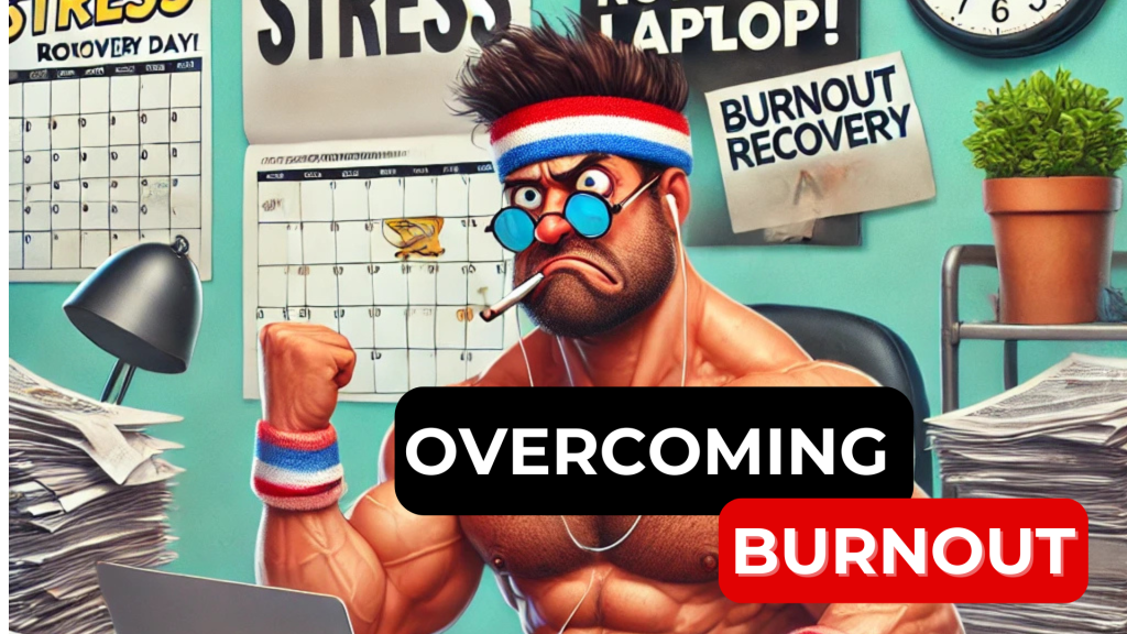 A cartoon-style image of a former athlete turned entrepreneur sitting at a messy desk filled with papers, coffee cups, and a laptop. The character looks exhausted, wearing a sweatband and holding a dumbbell in one hand. In the background, there’s a funny motivational poster reading “Crush Stress, Not Your Laptop!” and a calendar with “Burnout Recovery Day” circled. The scene humorously combines fitness and entrepreneurial burnout.