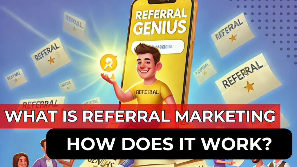 A humorous illustration of a person sitting atop a mountain of glowing referral messages, holding a golden phone that says 'Referral Genius.' Around them, smiling customers hand out flyers and chat with friends, symbolizing a vibrant referral marketing system in a fun, colorful style