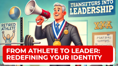 A humorous depiction of a retired athlete transitioning into leadership, featuring a business suit paired with a championship medal and sneakers, holding a megaphone and playbook, with gym equipment and office furniture in the background, symbolizing the shift from sports to leadership.