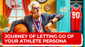 A humorous depiction of a retired athlete transitioning from sports, sitting on a couch in a suit while clutching a basketball, wearing a medal, and a fitness watch. The background blends a gym locker room and a cozy living room, symbolizing the emotional journey of letting go of their athlete persona.