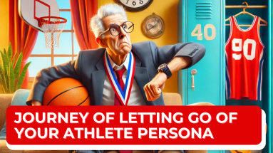 A humorous depiction of a retired athlete transitioning from sports, sitting on a couch in a suit while clutching a basketball, wearing a medal, and a fitness watch. The background blends a gym locker room and a cozy living room, symbolizing the emotional journey of letting go of their athlete persona.