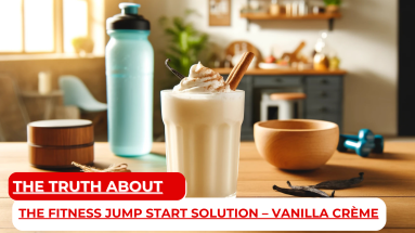 the creamy Vanilla Crème protein shake with a fitness-themed background